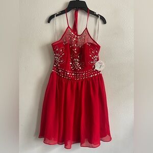 Masquerade Red Halter Prom Dress with Silver Accents